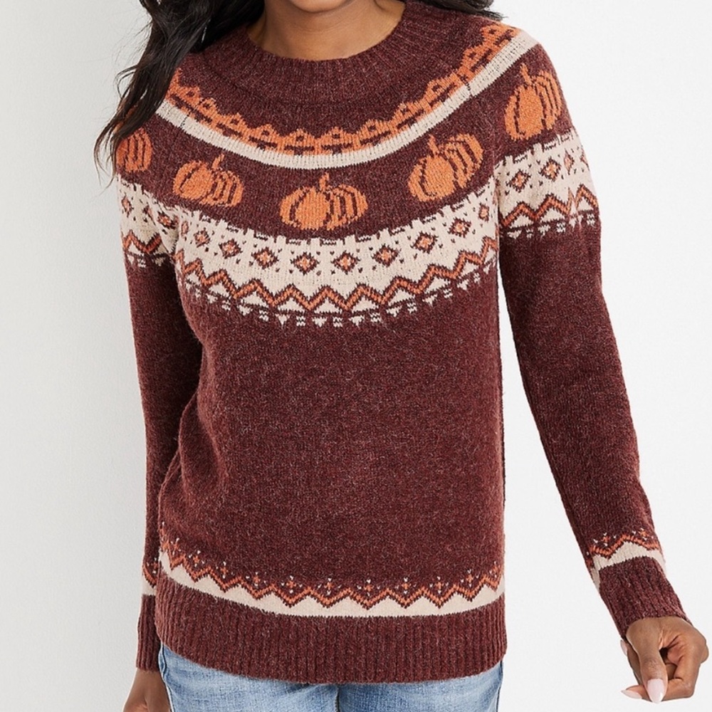 Maurice’s Textured Pumpkin Fair Isle Sweater Women’s Large Brown Fall Autumn
